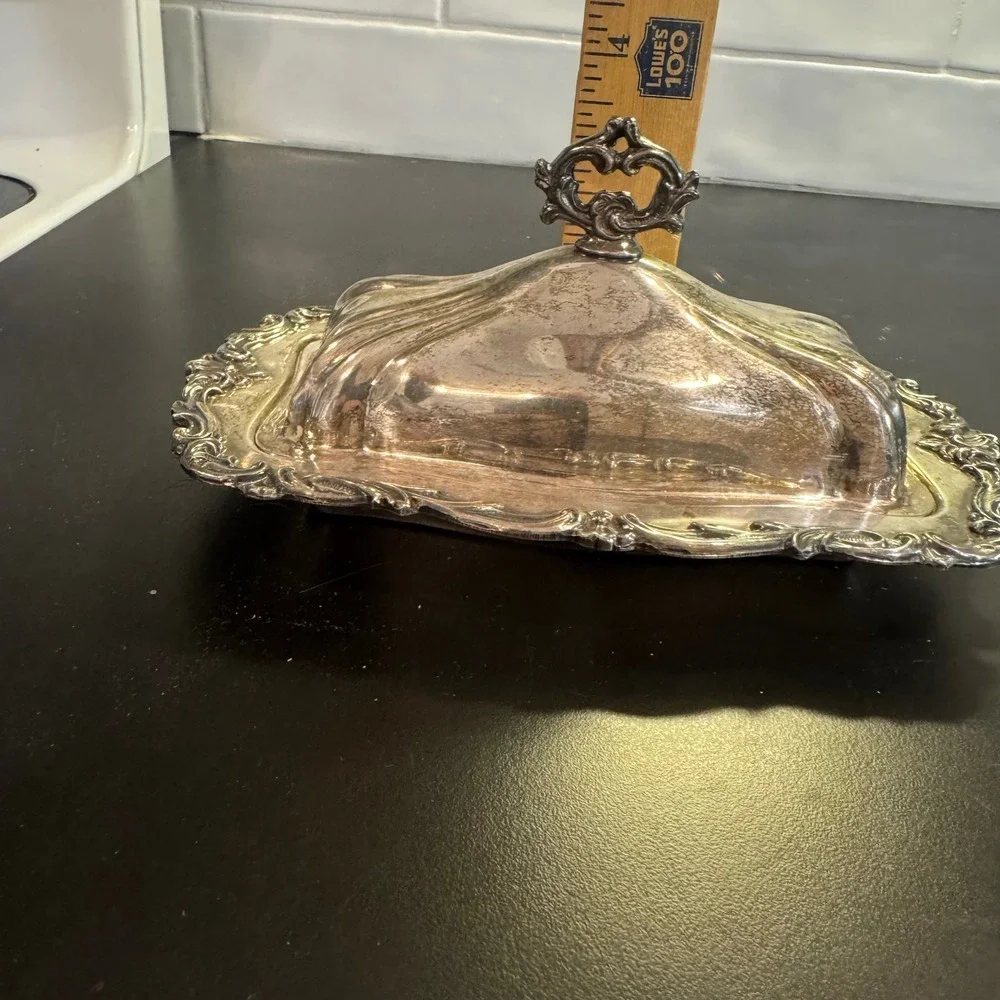 Butter Dish Silver Ornate Scroll Victorian Silver Plate Tray & Lid